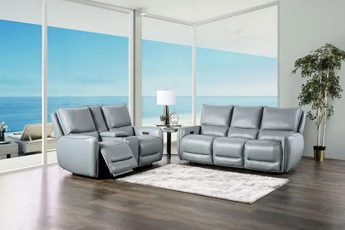 Rivo Power Loveseat – Pale Blue Top Grain Leather Match Denmark Home