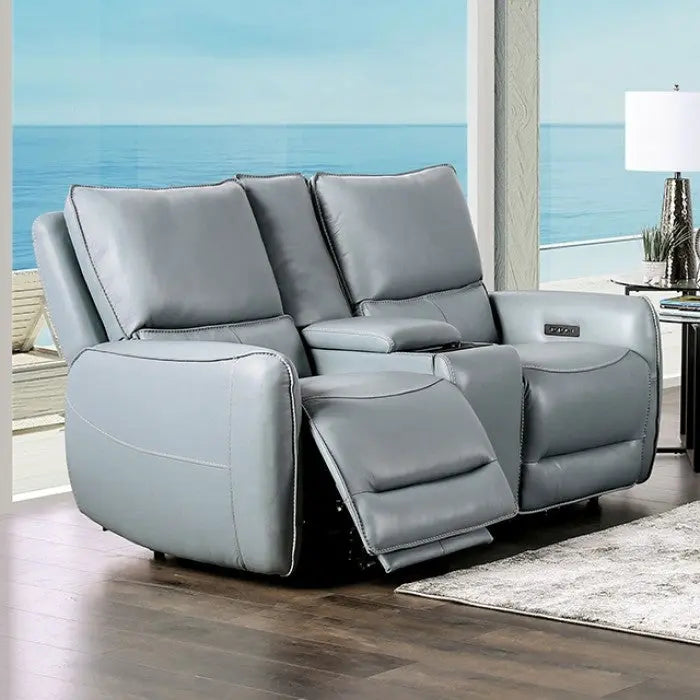 Rivo Power Loveseat – Pale Blue Top Grain Leather Match Denmark Home