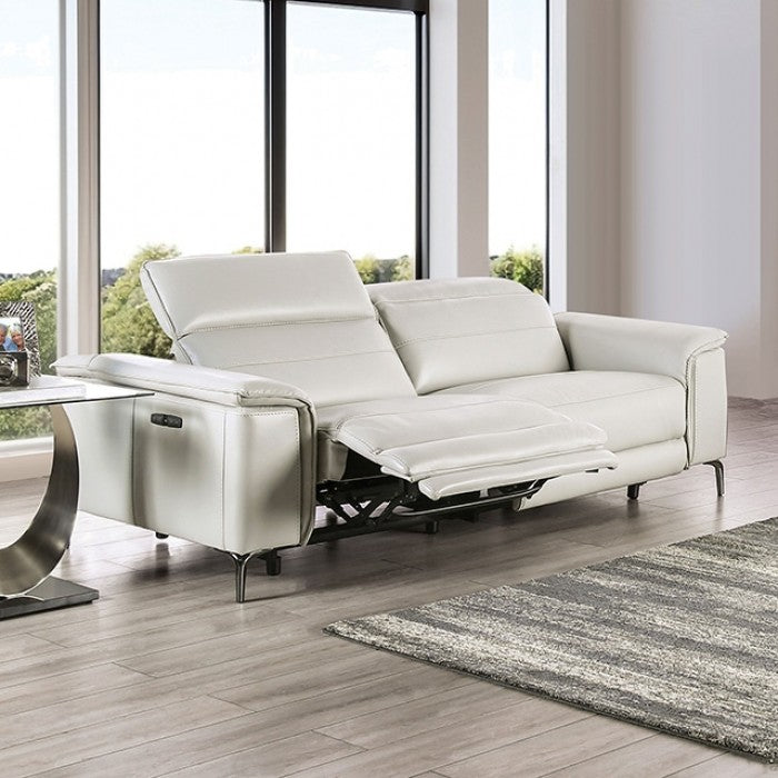 Vesta Power Reclining Sofa – Light Taupe Leatherette with Metal Legs