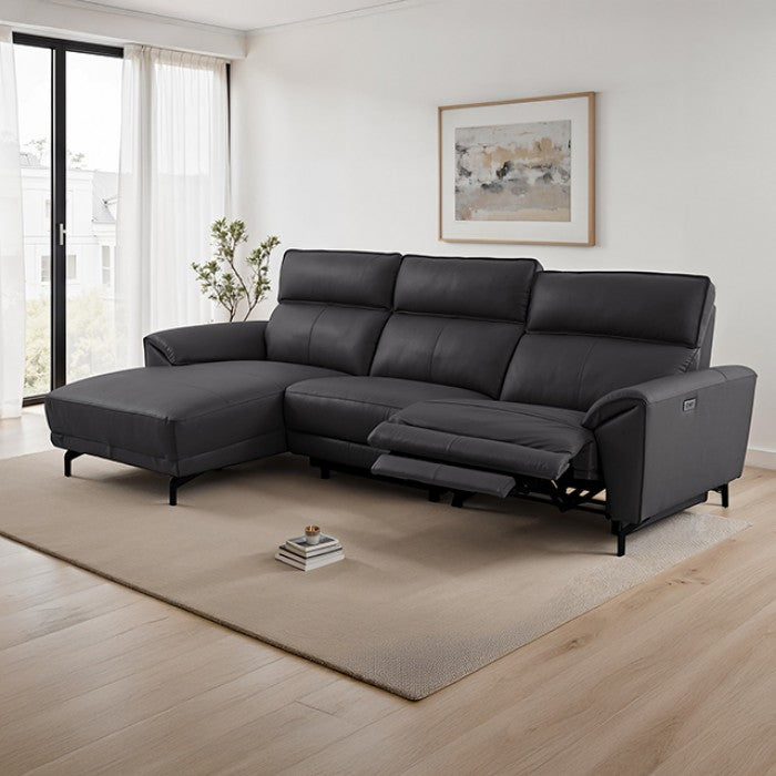 Cora Power Sectional – Left Chaise, Black Top Grain Leather