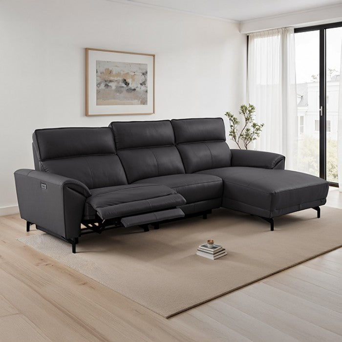 Cora Power Sectional Sofa – Black Top-Grain Leather, Right Chaise