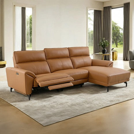 Cora Power Sectional Sofa – Brown Clay Leather, Right Chaise