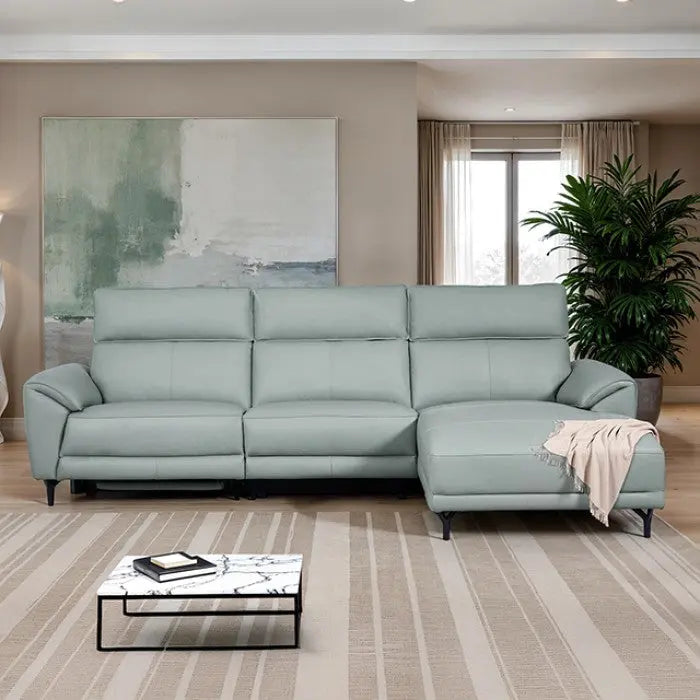 Esmond Power Sectional – Right Chaise, Pale Blue Top Grain Leather Denmark Home