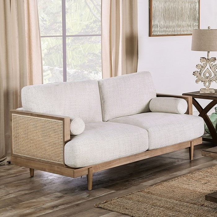 Viven mid-Century Modern Loveseat – Beige Fabric with Ash Wood & Rattan Details