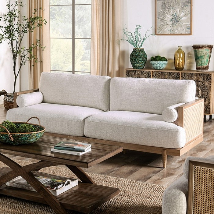 Viven Mid-Century Modern Sofa – Beige Fabric with Ash Wood & Rattan Details