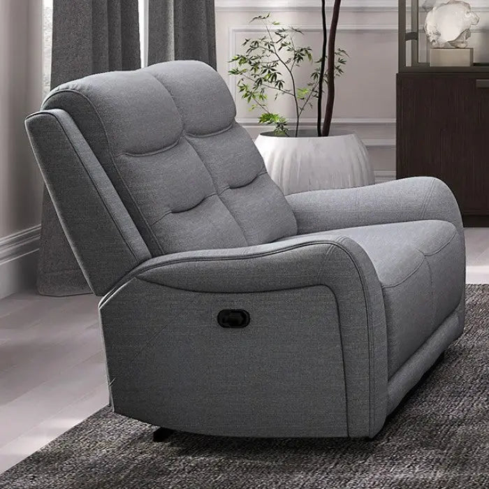 Valerius Loveseat – Gray Fabric with Modern Scroll Arms Denmark Home