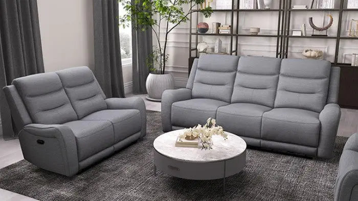 Valerius Loveseat – Gray Fabric with Modern Scroll Arms Denmark Home