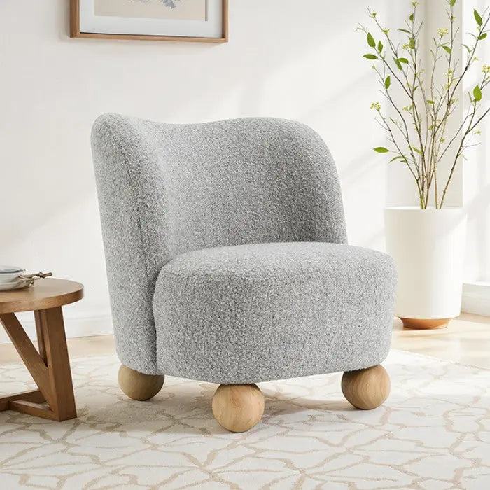 Elara Accent Chair – Gray Boucle with Sculptural Wood Feet Denmark Home