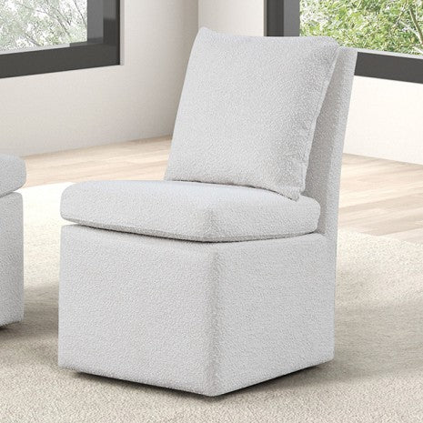 Stradaj  Dining Chair – White Bouclé with Casters