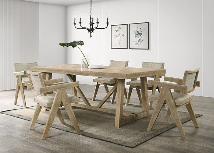 Loken 7-Piece Dining Table Set – Oak Trestle Base with Upholstered Chairs
