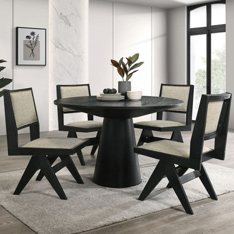 Forma 5-Piece Dining Table Set – Black Pedestal Table with Light Gray Chairs