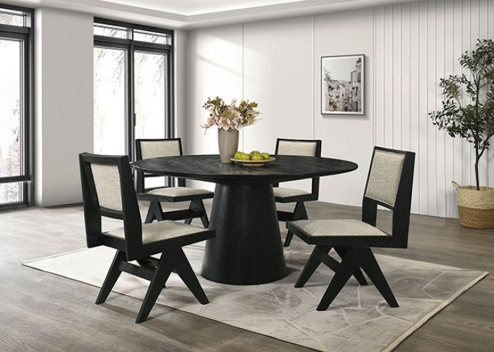 Forma 5-Piece Dining Table Set – Black Pedestal Base with Light Gray Chairs