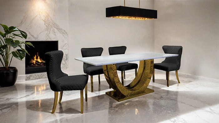 Kade Dining Table – Gold Sintered Stone with Sculptural Pedestal Base