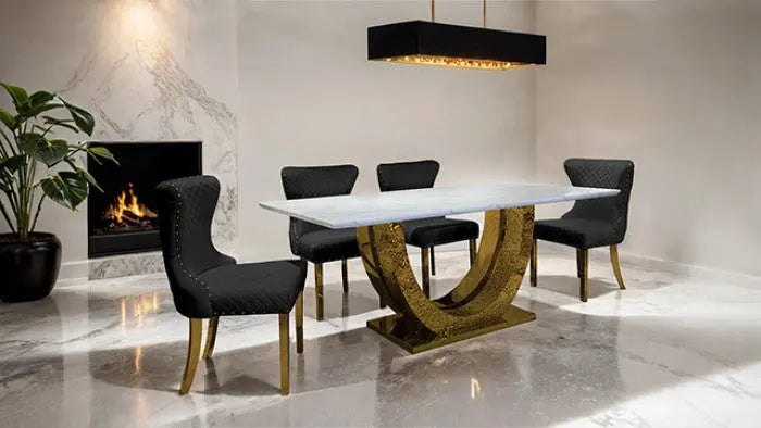 Kade Dining Table – Gold Sintered Stone with Sculptural Pedestal Base Denmark Home