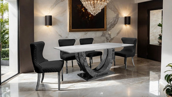 Kade Dining Table – Chrome Sintered Stone with Horseshoe Pedestal Base