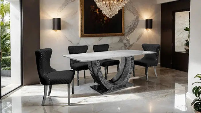 Kade Dining Table – Chrome Sintered Stone with Horseshoe Pedestal Base Denmark Home