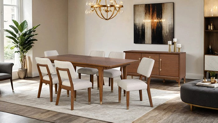 Riven 7-Piece Dining Table Set – Walnut with Gold-Capped Legs