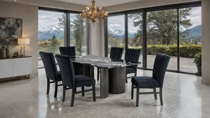 Vigor 7-Piece Dining Table Set – Black Faux Marble with Channel-Tufted Chairs Denmark Home