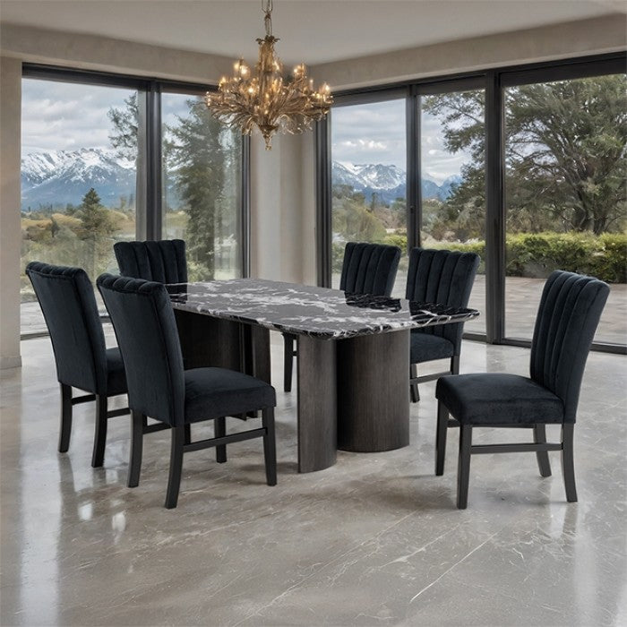 Vigor 7-Piece Dining Table Set – Black Faux Marble with Channel-Tufted Chairs