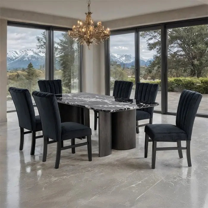 Vigor 7-Piece Dining Table Set – Black Faux Marble with Channel-Tufted Chairs Denmark Home
