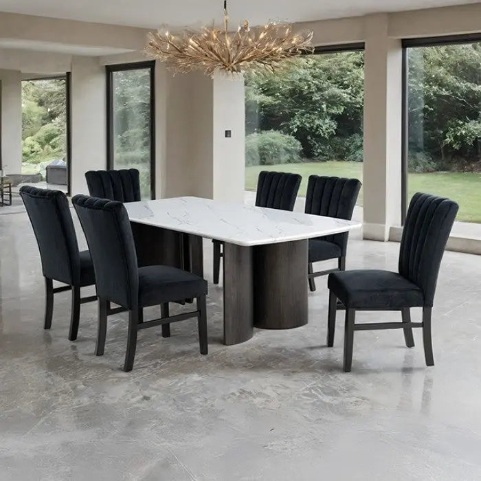 Vigor 7-Piece Dining Table Set – White Faux Marble with Channel-Tufted Chairs Denmark Home
