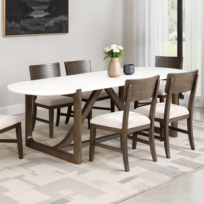 Alessandre Dining Table – Genuine Quartz Stone Top, Dark Walnut