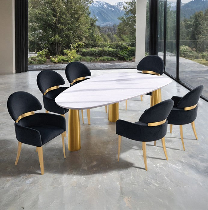 Helix 7-Piece Dining Table Set – White Sintered Stone & Matte Gold