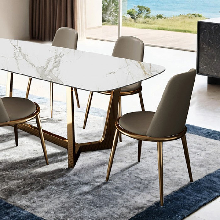 Verna Dining Table – White Ceramic Top with Gold Base