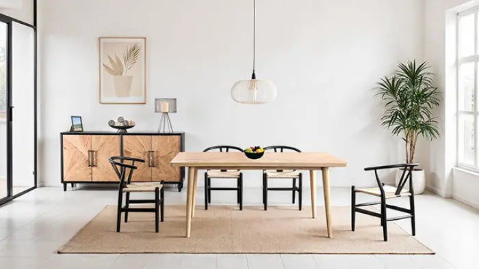 Skara 7-Piece Dining Table Set – Natural Wood with Black Wishbone Chairs Denmark Home