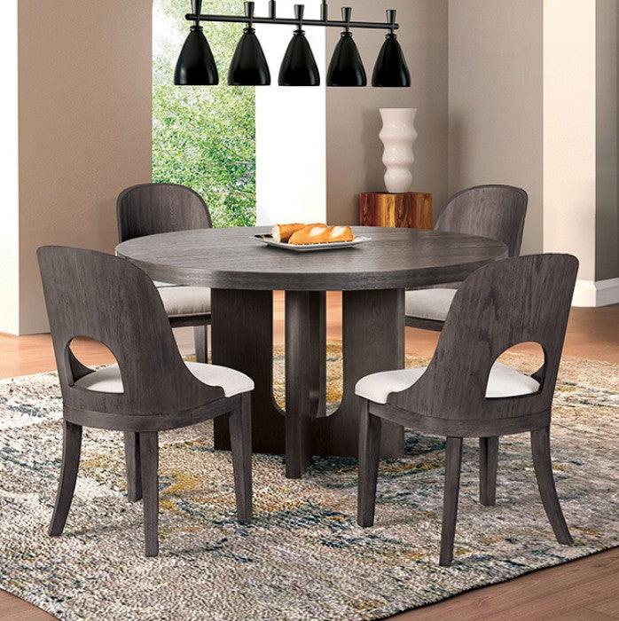 Alsen 5-Piece Dining Table Set – Ash Gray Oak with Curved Wood Chairs