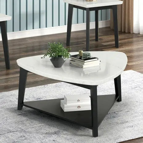 Pembroke Triangle Marble Coffee Table – White/Black with Bottom Shelf Denmark Home