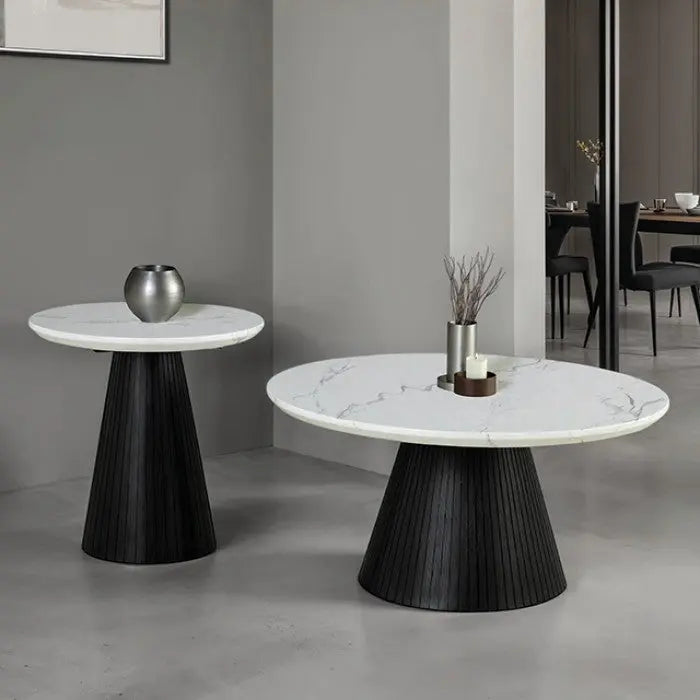Tivoli Round Cocktail Table – Black Faux Marble with Reeded Drum Base Denmark Home