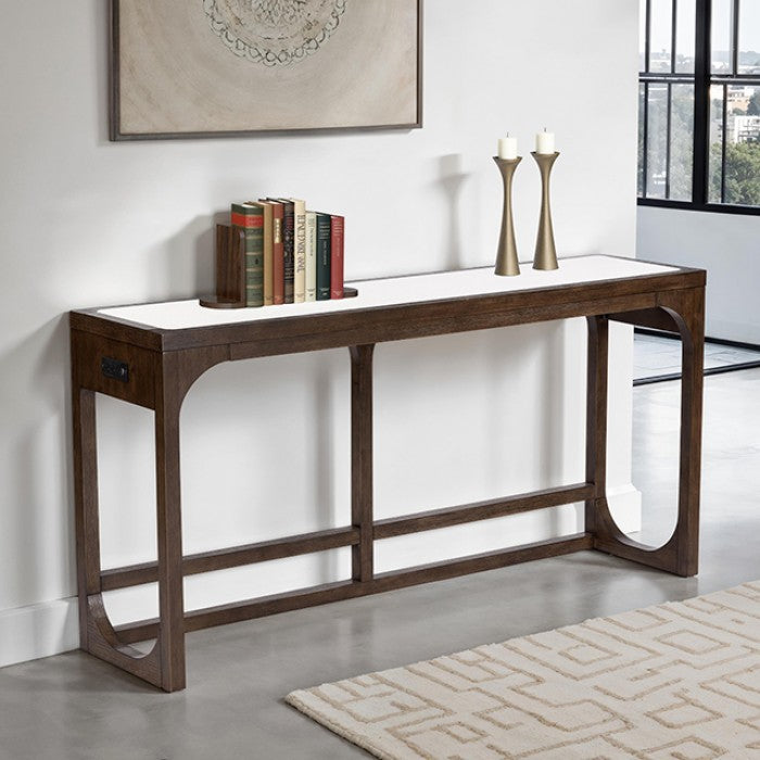Alessandre Sofa Table – Dark Walnut Quartz Top with Charging Ports