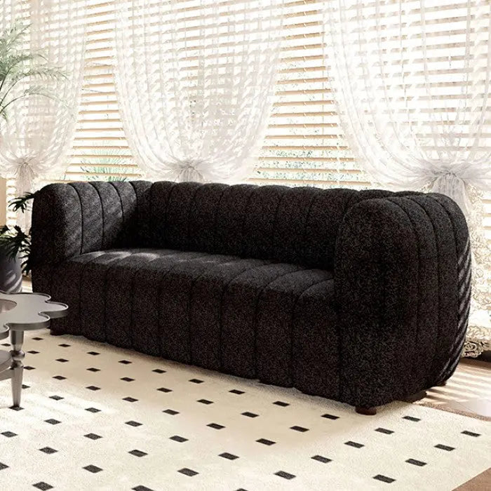 Marcellus Loveseat – Black Bouclé with Vertical Channel Tufting Denmark Home