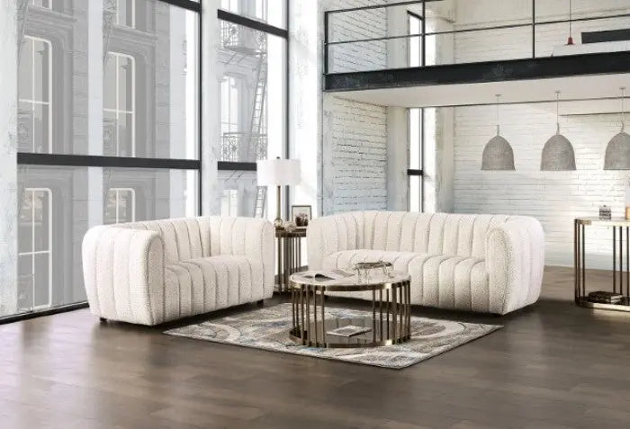 Marcellus Loveseat – Off-White Bouclé with Vertical Channel Tufting Denmark Home