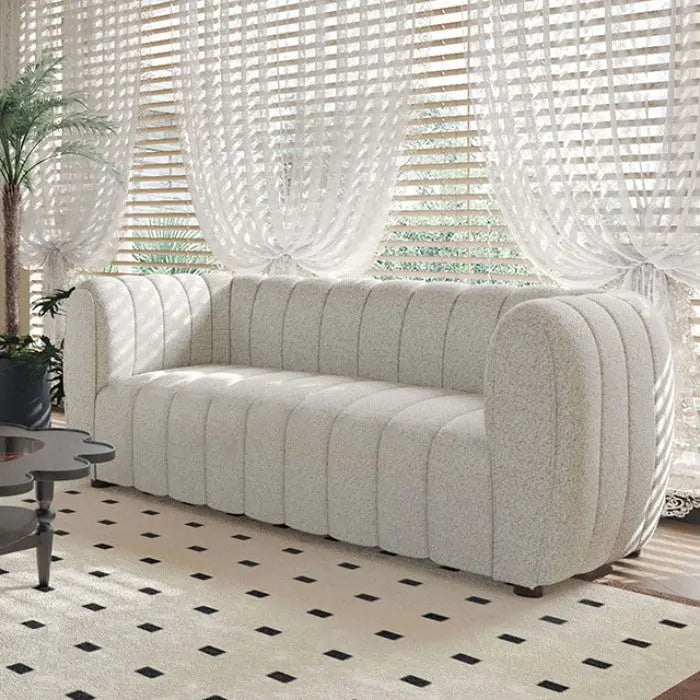 Marcellus Loveseat – Off-White Bouclé with Vertical Channel Tufting Denmark Home