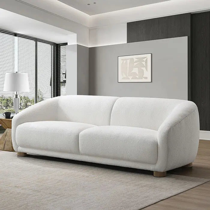 Arcen Sofa – White Boucle with Round Wooden Legs Denmark Home
