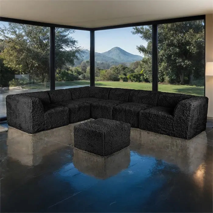 Riff Large L-Sectional Sofa with Ottoman – Black Faux Fur Denmark Home