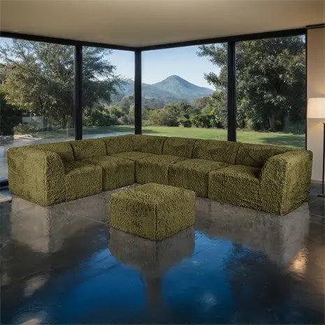Riff Large L-Sectional Sofa with Ottoman – Olive Green Faux Fur Denmark Home