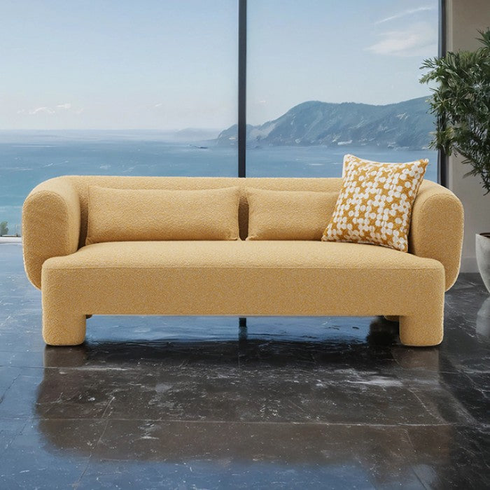 Karsen Sofa – Yellow Fabric with Curved Back & Oversized Round Arms