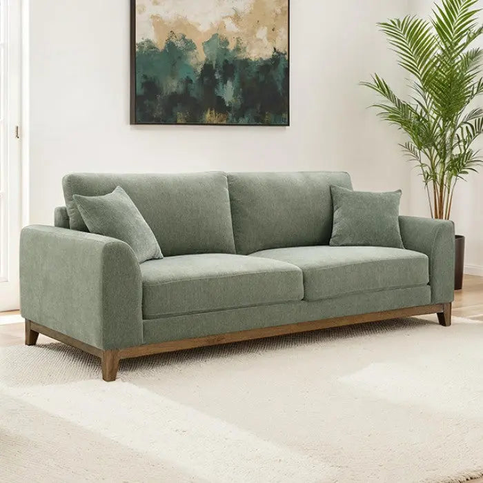 Aaro Sofa – Olive Green Chenille with Walnut Trim and Soft Track Arms Denmark Home