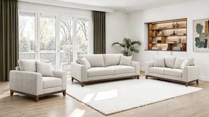 Aaro Sofa – Light Gray Chenille with Walnut Trim and Soft Track Arms Denmark Home