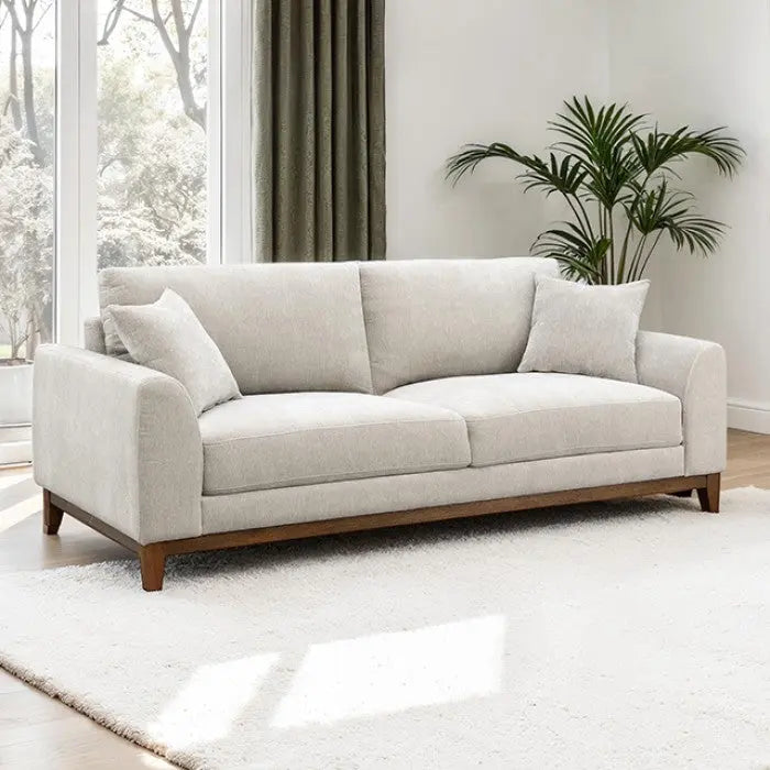 Aaro Sofa – Light Gray Chenille with Walnut Trim and Soft Track Arms Denmark Home