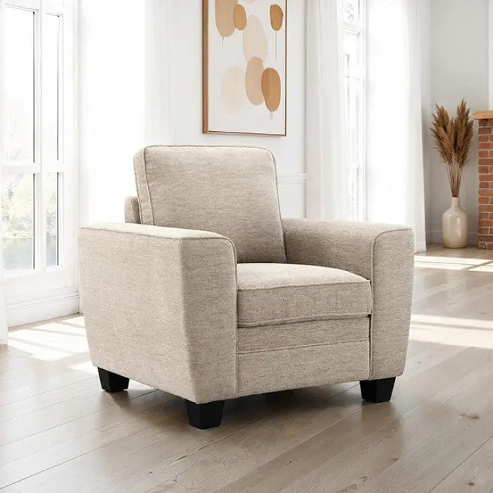 Montreux Transitional Chair – Taupe Chenille with Faux Fur and Wood Trim Denmark Home