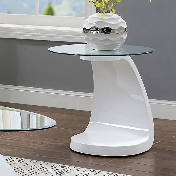 Brecken End Table – White with Elliptical Tempered Glass Top Denmark Home